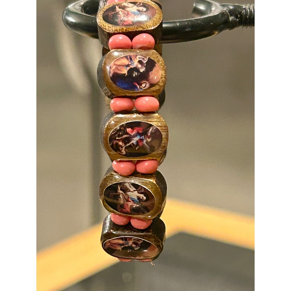 Catholic Religious Wood Icon Stretch Bracelet Pink Spacer Beads Saints Angels - Picture 6 of 6